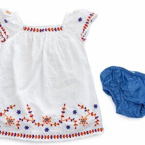 Zara Baby Dress Set 9-12 Months White Embroidered Floral Blue Bloomers 2pc-KC204